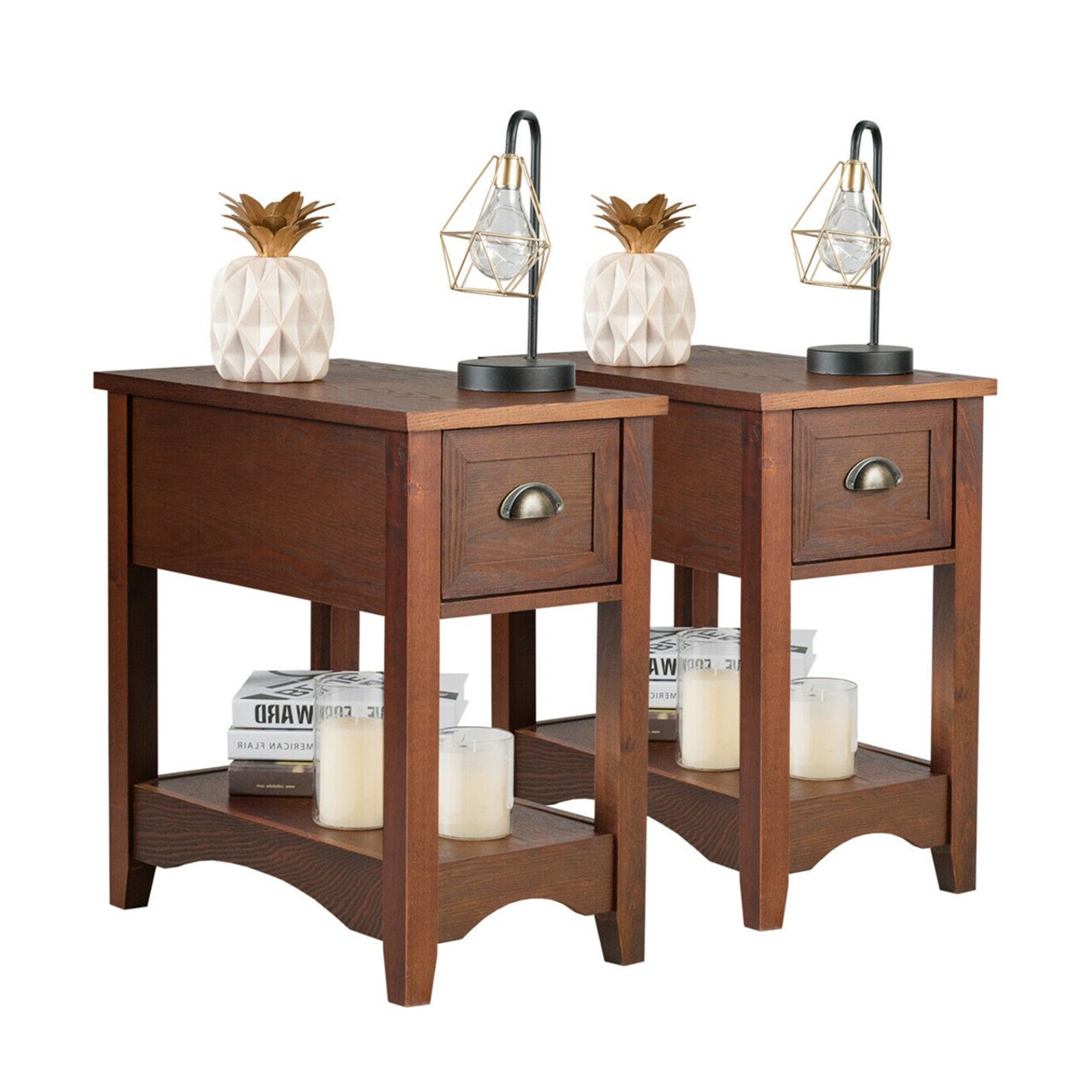Set of 2 Walnut Retro Wooden End Table with Drawer and Shelf for Bedroom or Living Room